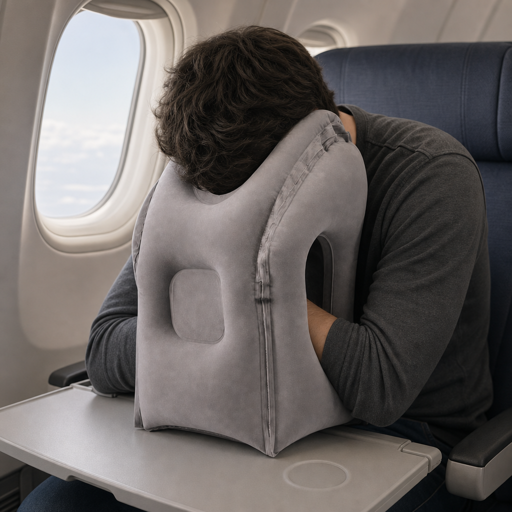 Inflatable Travel Nap Pillow — Pump Options — in use